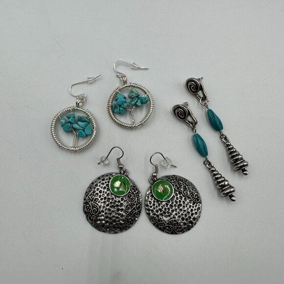 Earrings Lot Silver Tone Pierced Dangle Metal Faux Turquoise Beads 3 Pairs - Picture 2 of 13